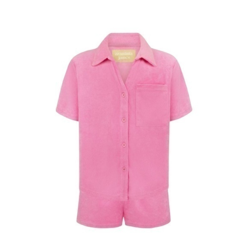 NWT Araminta James Candy Pink Terry Button Short Sleeve Shirt XS‎
